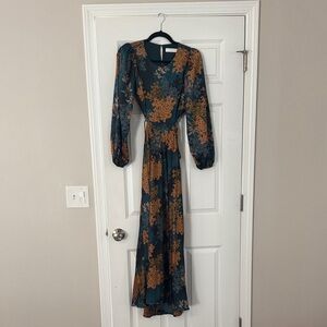 Astr Teal and Gold Floral Long Sleeve Dress